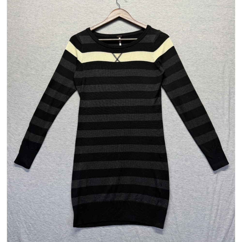Poof Sweater Dress Womens Medium Black Gray Horizontal‎ Striped Stretch V Stitch